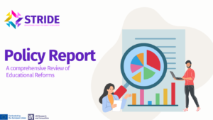 Visual for a policy report titled "A comprehensive Review of Educational Reforms" with illustrations of a pie chart, bar graph, and two people working.