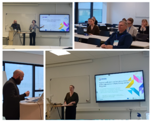 Collage of a conference presentation showing speakers and attendees discussing STRIDE research results. Slides on the screen read “STRIDE – Policies for Reducing Educational Inequality in a Changing Europe” and “Teacher qualification, teacher agency and student-centred approaches in Malta, Norway and the Philippines,” with presenters using laptops and an audience listening in a modern lecture room.