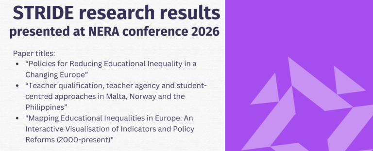 Poster announcing STRIDE research results presented at the NERA conference (4–6 March 2026), featuring the papers: "Policies for Reducing Educational Inequality in a Changing Europe", "Teacher qualification, teacher agency and student-centred approaches in Malta, Norway and the Philippines " and “Mapping Educational Inequalities in Europe: An Interactive Visualisation of Indicators and Policy Reforms (2000–present)”.