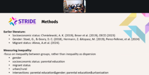 Slide titled “Methods” of a report on educational inequality, with bullet points and a small video call screen at the top.
