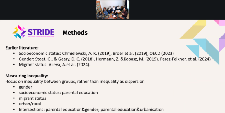 Slide titled “Methods” of a report on educational inequality, with bullet points and a small video call screen at the top.