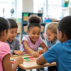 hildren learning together through a classroom activity.