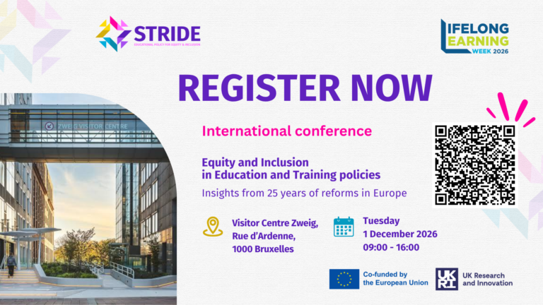STRIDE International Conference on “Equity and Inclusion in Education and Training Policies: Insights from 25 Years of Reforms in Europe,” taking place on Tuesday, 1 December 2026, from 09:00 to 16:00 at the Visitor Centre Zweig, Rue d’Ardenne, 1000 Brussels. The event is part of Lifelong Learning Week 2026. Registration is available via the QR code shown on the poster.